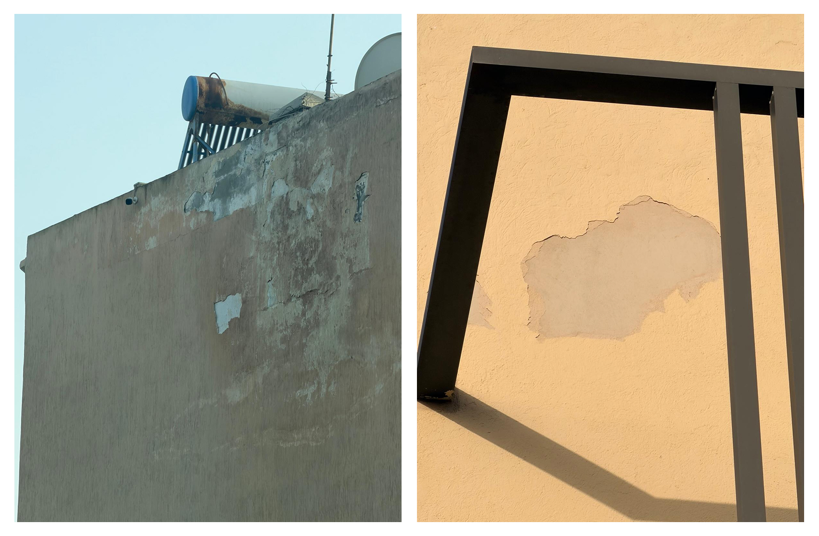 Exemples de dégradation de façades : fissuration, perte d’adhérence et décollement de la peinture et de l’enduit