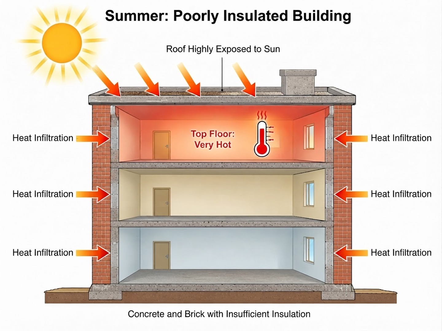 Summer: heat enters through the roof and walls of an under-insulated building