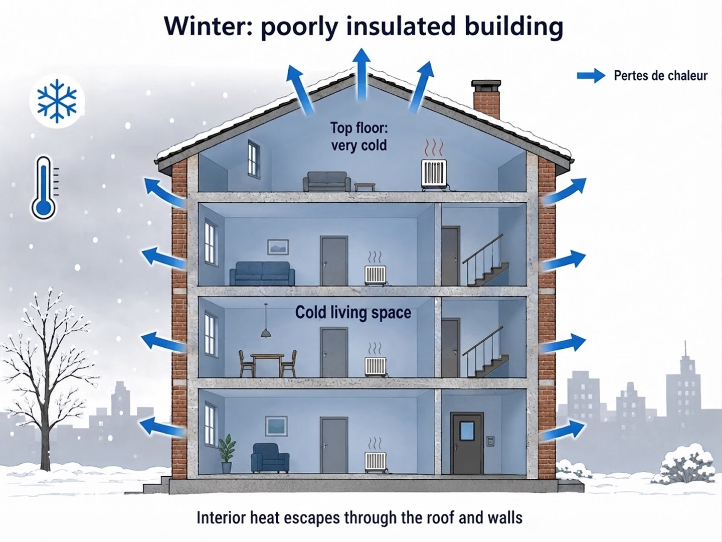 Winter: indoor heat escapes through the roof and walls
