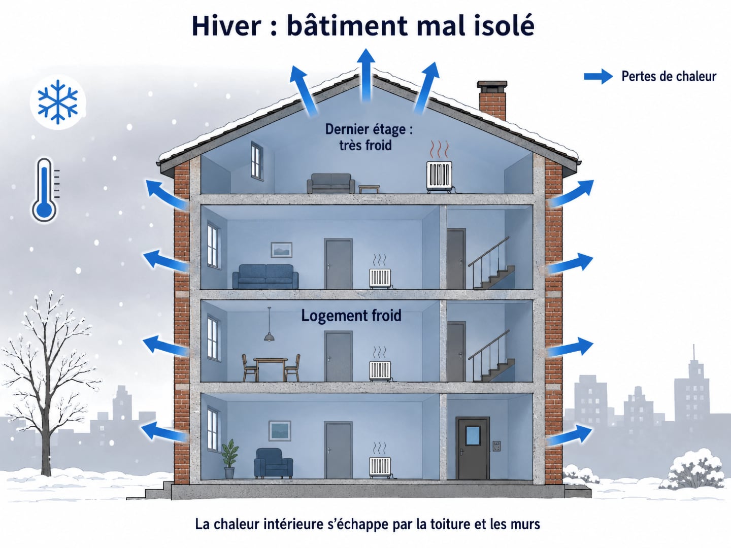 Hiver : la chaleur intérieure s’échappe à travers la toiture et les murs